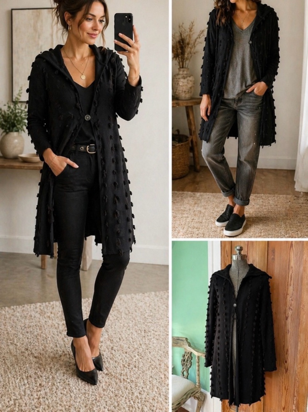 Nic + Zoe Pom Pom Clip Dot Textured Longline One Button Knit Cardigan Sz L💛🎀